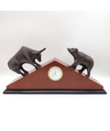 BEY BERK Desk Clock Brass Bull Bear Wood Base Quartz Bronzed Stock Market - £39.43 GBP