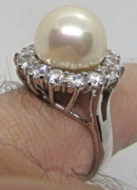 Diamond Encircled Cultured Pearl and Sterling Silver Ring Size 8  - $177.21