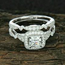 14K White Gold Engagement Ring Wedding Bridal Set Cushion Lab Created Diamond - £265.77 GBP