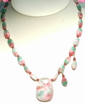 Ruby Red, Green and Pink Candy Jade Necklace and Earring Jewelry Set - £39.62 GBP