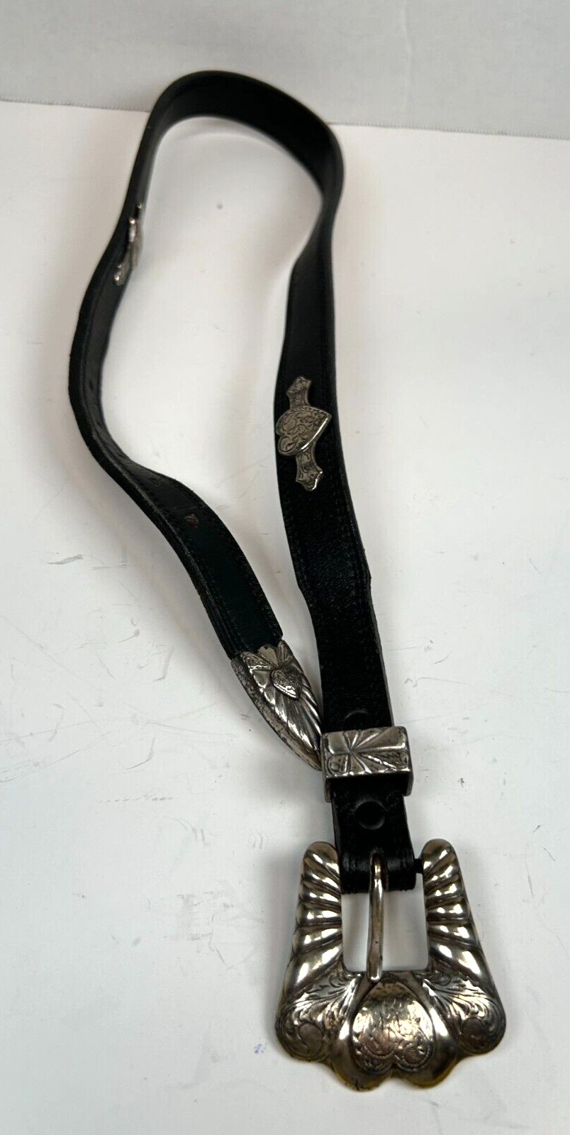 Justin Boots Womens Black Leather Belt Large Silver Buckle, Tipped, Hear... - $19.75