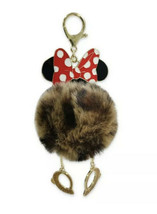 Disney Minnie Mouse Bow Bag Charm Clip Brown Fluffy Pom Pom Flair Keychain Ring - £15.12 GBP