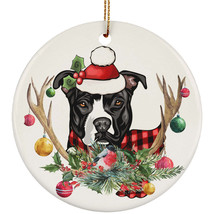 Cute Pitbull Terrier Dog With Antlers Reindeer Flower Xmas Circle Ornament Gift - £13.45 GBP