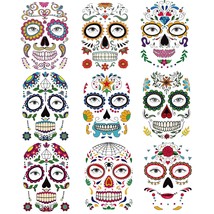 9 Sheets Day of the Died Skeleton Face Tattoo Stickers Glitter Red Roses Tempora - £19.68 GBP