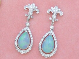 ART DECO 1ctw DIAMOND FLEUR DE LIS 3.5ctw OPAL PEAR DROP STUD DANGLE EAR... - €2.321,06 EUR