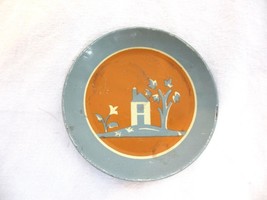 Vintage Miniature Orange and Blue Tin Litho Saucer with House Tree and F... - £11.00 GBP