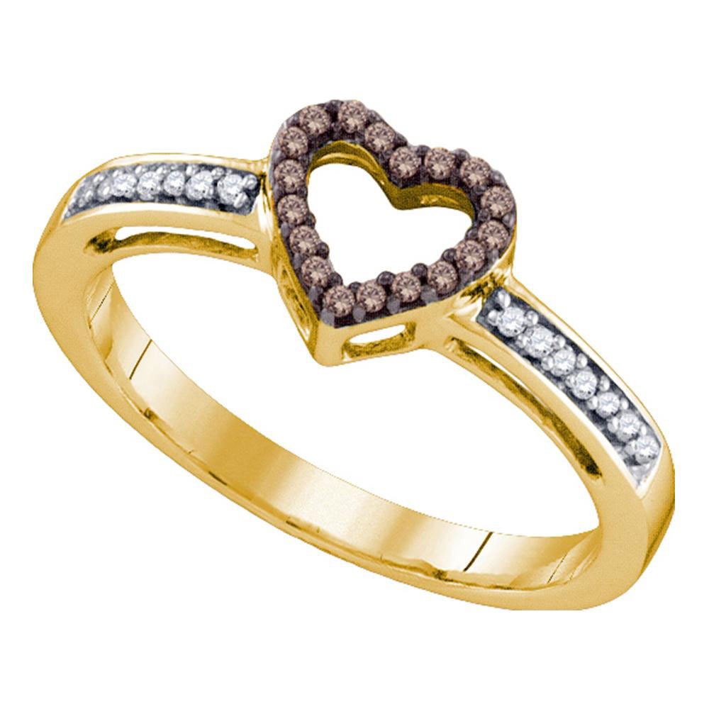 10k Yellow Gold Round Brown Diamond Heart Love Ring 1/10