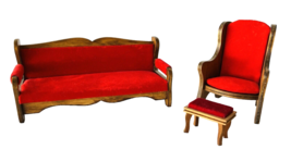 Dollhouse Miniature Wood &amp; Velveteen Sofa Chair Footstool Hall&#39;s Lifetime Toys - $47.41