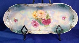 Unmarked Porcelain Handpainted Floral Long Oval Trinket Tray - $28.04