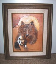 Wolf &amp; Warrior Tooled Leather Folk Art Original Picture Native America Indian Na - £1,043.42 GBP