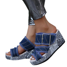 Yuki Women | Teens Distressed Denim Platform Wedged No-Slip Indoor-Outdoor Sanda - £27.63 GBP