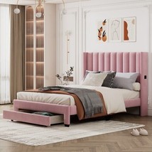 Queen Size Storage Bed Velvet Upholstered Platform Bed with a Big Drawer - Pink - £222.85 GBP
