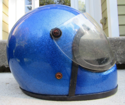 Vintage silver metal flake 1970s XL Motorcycle Helmet 1979 blue GOOD INS... - $88.81