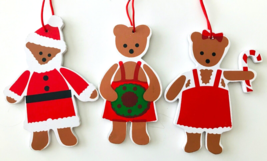 3 Wood Teddy Bear Christmas Ornaments Red White Brown 3 Bears Santa Mama Girl - £19.32 GBP