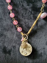 Custom Made Women&#39;s Pink Glass Bead with Gold Coin Stylish Pendant Necklace - £27.52 GBP