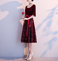 Wine Red Half Sleeve Velvet Midi Dress Custom Plus Size Bridesmaid Midi Dress image 5