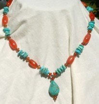 Carnelian Bead and Turquoise Nugget Drop Style Necklace - £62.48 GBP