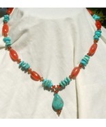 Carnelian Bead and Turquoise Nugget Drop Style Necklace - $109.41 CAD