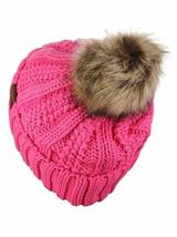 Candy Pink - BeanieThick Cable Knit Faux Fuzzy Fur Pom Fleece - £29.71 GBP