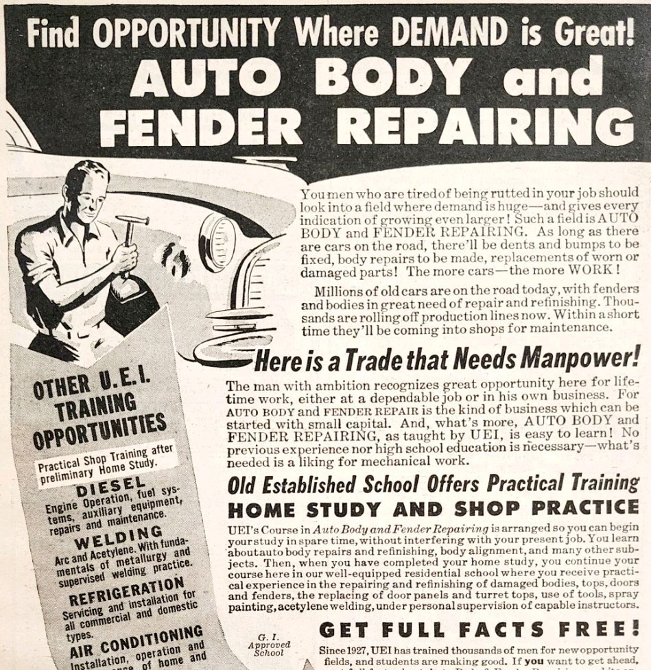 1948 Auto Body Fender Repair Training Advertisement Automobilia School E2H2 - $19.99