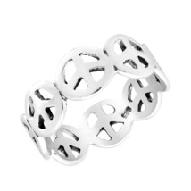 Trendy Chic Linked Peace Symbols Sterling Silver Ring-8 - $13.45