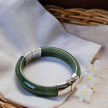 Burmese Jade Bangle Spinach Green Silver Cover Handmade Natural Inner 57... - £198.42 GBP