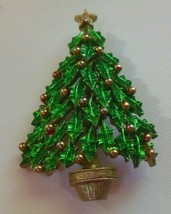 Vintage Signed JJ Gold-tone Green Enamel Rhinestone Star Christmas Tree Brooch - £13.23 GBP