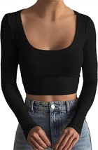 Crop Tops for Women Square Neck Long Sleeve Ribbed Cute Slim Fitted (Size:S) - £13.91 GBP