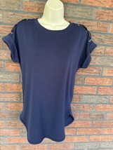 Navy Blue Relaxed Shirt Small Cupio Blush Short Sleeve Lace Detail Shoul... - $9.50