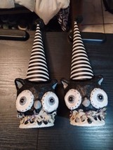2 Halloween Owl Striped Party Hat Paper Mache Style Figure Black White Pom Decor - £66.91 GBP