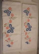 Vintage Hand Embroidered Pillowcases Lot of 2 Blue Butterflies Coral Flowers - £17.32 GBP