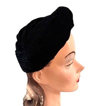 VTG 40s–50s Black Velvet Turban Hat Old Hollywood Glamour Draped Front 22” - $64.30