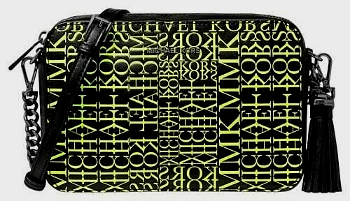 MICHAEL KORS GINNY MEDIUM BLACK NEON LEATHER NEWSPRINT CROSSBODY BAGNWT! - $139.99