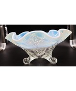 Antique Dugan Opalescent Glass White Blue Footed Palm Scroll Ruffled Can... - $935.89 MXN