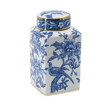 Blue &amp; White Porcelain Square Lidded Bird Jar With Gold Accents 5.5x10.5 - £48.42 GBP