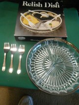 Nib Collectible Leonard Silverplated And Crystal Relish Dish With 3 Forks - £12.33 GBP