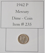 1942 P, Mercury Dime, # 235, Mercury Dime, dimes, vintage coins - $13.00