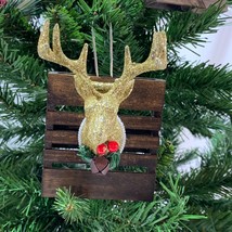 Reindeer Christmas Ornament Antlers Wood Gold Deer Buck Handmade Rustic - £8.54 GBP