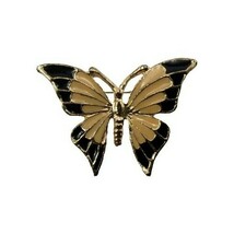 Vintage Butterfly Brooch Pin Black Ivory Enamel Gold Tone Insect Coat Pin - $8.89