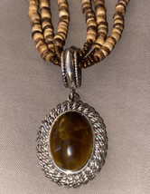 14” Necklace 3 Strand Beaded W/ Amber Stone Pendant - £3.94 GBP