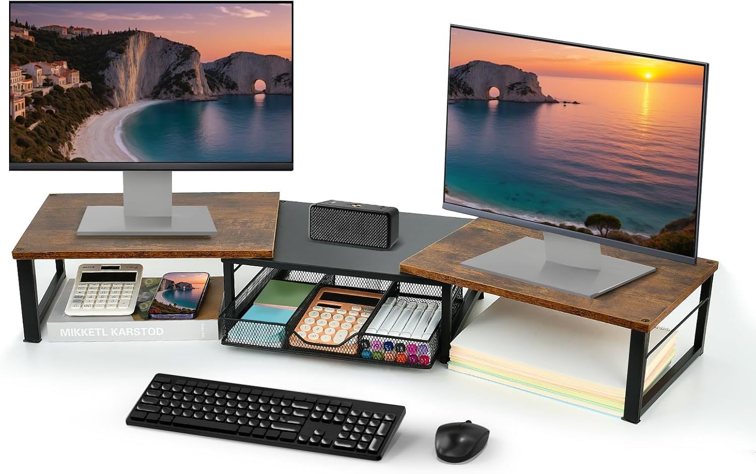 Dual Monitor Stand Riser, Desk Organizer With Drawer, Office Desk, Rusti... - $33.97