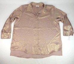 Calvin Klein Sheer  Button-Down Bouse 2X Metallic Beige Shiny Flowy - £15.50 GBP