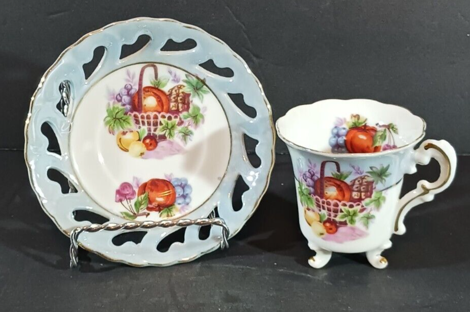 Very Fine CHINA TEA CUP RETICULATED SAUCER Dish FRUIT Lusterware Gold Tr... - $27.54
