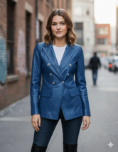 Blazer donna doppiopetto formale in pelle di agnello blu vera vestibilit... - $316.20 CAD+