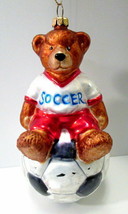 Vintage Glass Soccer Ball &amp; Teddy Bear Christmas Tree Ornament (Shows Wear) - £12.55 GBP
