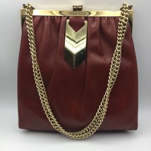 Vintage Womens Red Leather Purse Handbag Gold Accent Strap Velveteen Lining - £31.69 GBP