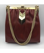 Vintage Womens Red Leather Purse Handbag Gold Accent Strap Velveteen Lining - £31.49 GBP
