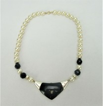 Vintage Costume Jewelry, Faux Pearl, Black Bead Pendant Necklace, Unique... - $14.65