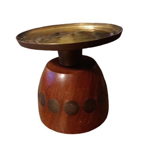 Primary image for Lenox Wood Candle Holder Vintage MCM with Brass Inlaid Accents 3.25"wx3.25"t