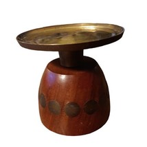 Lenox Wood Candle Holder Vintage MCM with Brass Inlaid Accents 3.25&quot;wx3.25&quot;t - £22.38 GBP